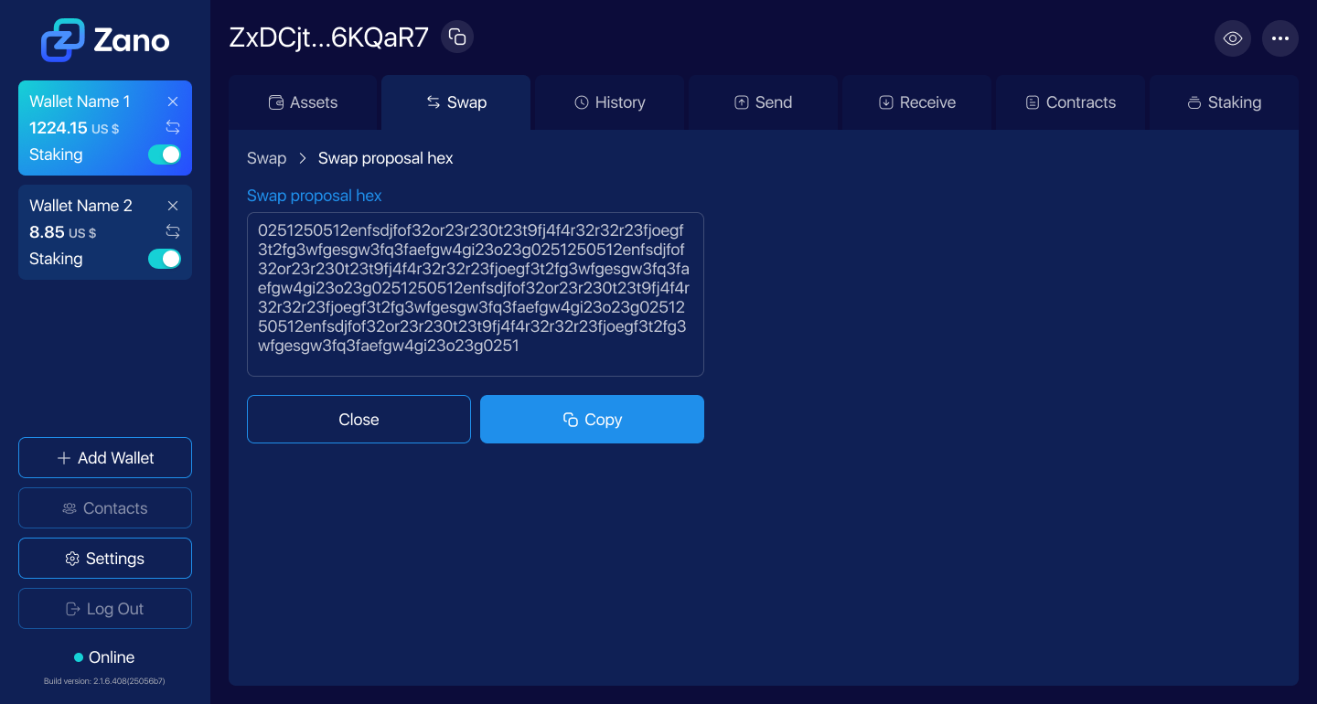 Generated swap proposal hex