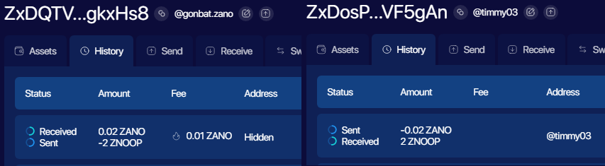 Both wallets tx history showing the successful swap