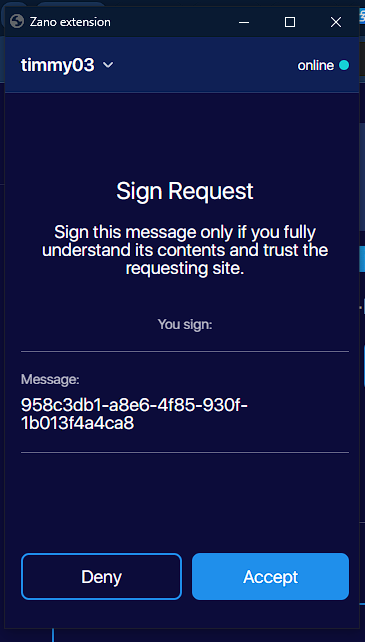 Sign request pop-up in Zano Companion