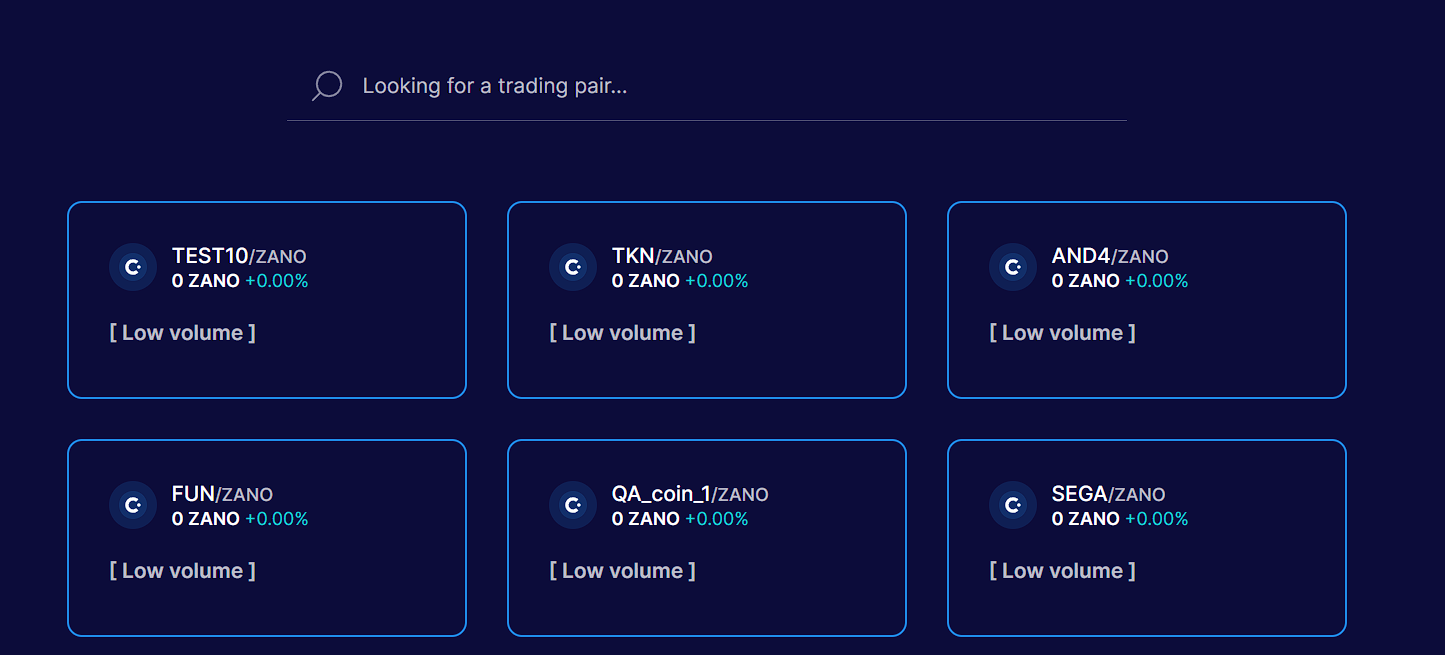 Trading pairs selection in Zano Trade