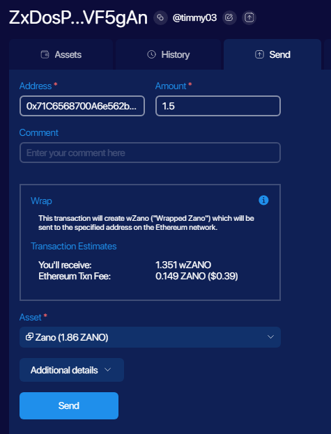 Desktop Zano wallet, "Send" tab, with Wrapped Zano tx details