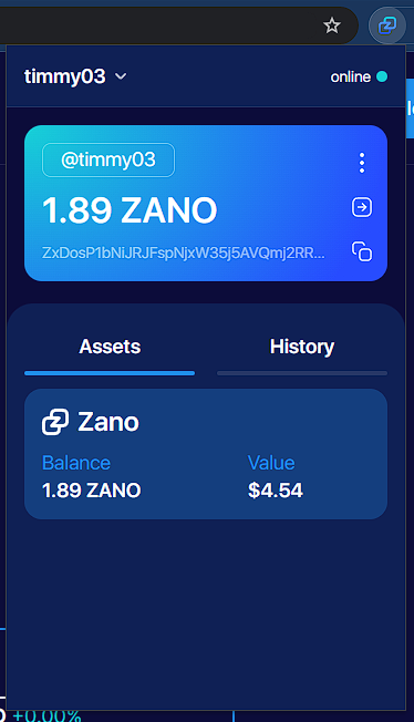 Zano Companion after pairing with the desktop wallet